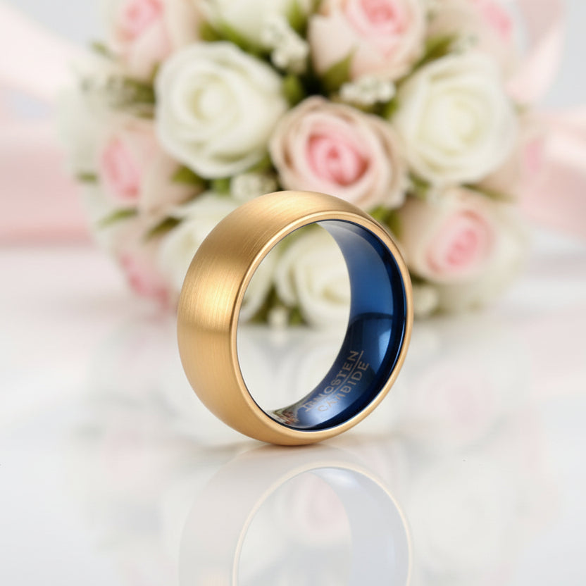Classical Gold & Blue Men's Tungsten Wedding Band-Black Diamonds New York