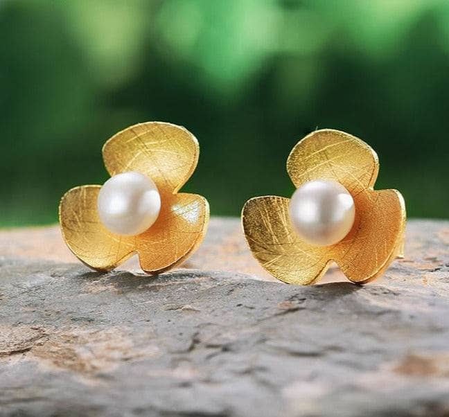 Clover Flower with Natural Pearl Stud Earrings-Black Diamonds New York
