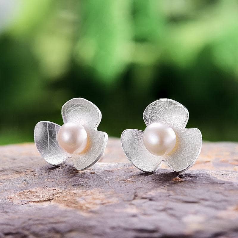 Clover Flower with Natural Pearl Stud Earrings-Black Diamonds New York