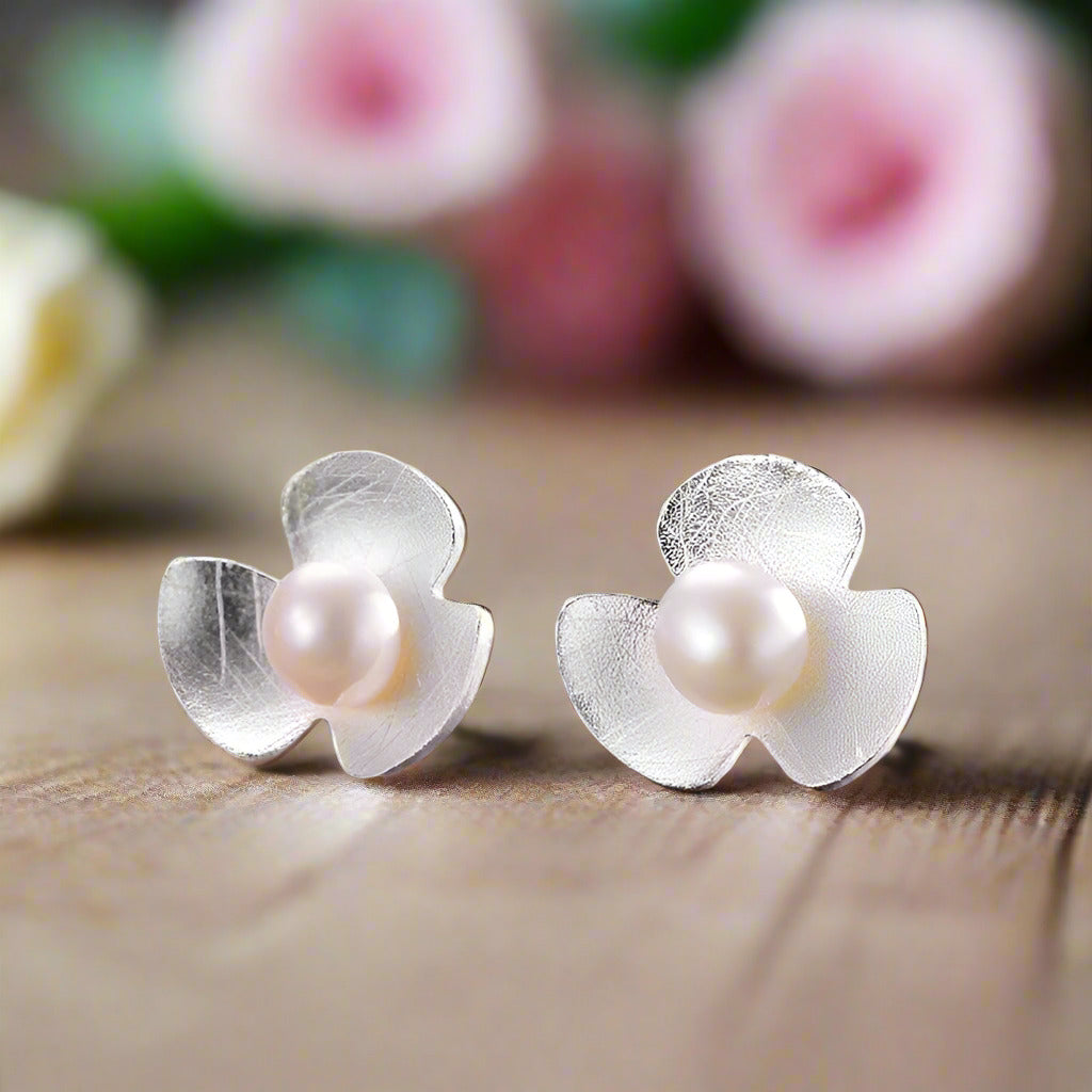 Clover Flower with Pearl Stud Earrings-Black Diamonds New York