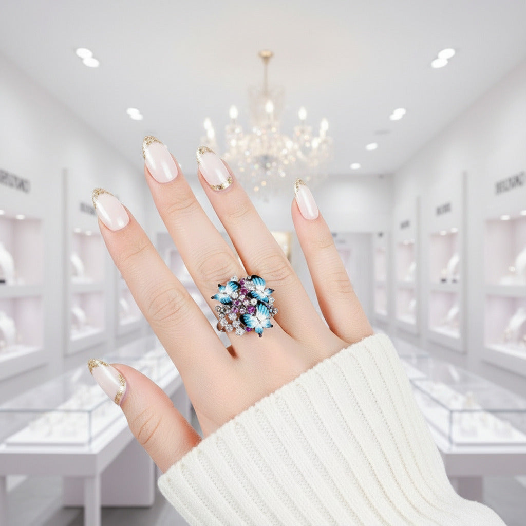 Colorful Enamel Blue Butterfly with Diamond Jewelry Set-Black Diamonds New York