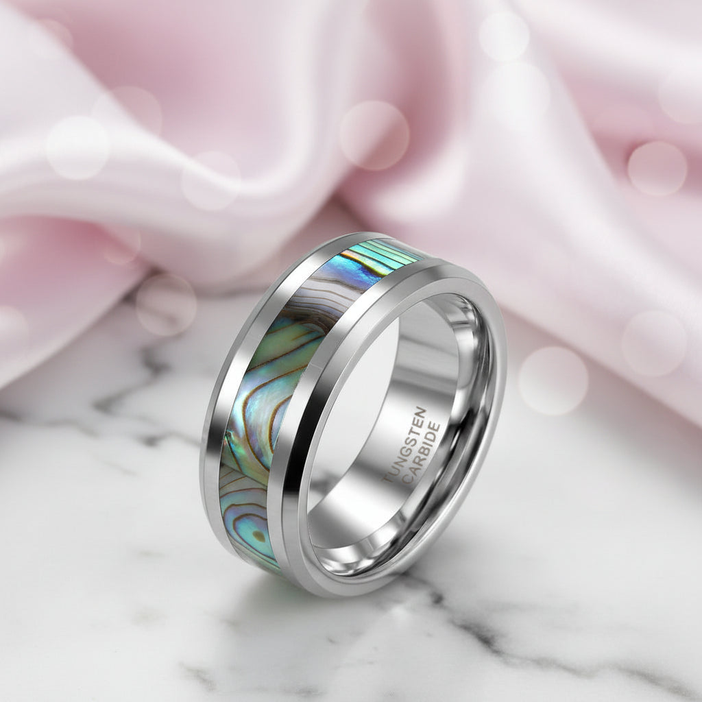 Comfort Fit Top Quality Tungsten Carbide with Abalone Inlay Men's Ring-Black Diamonds New York
