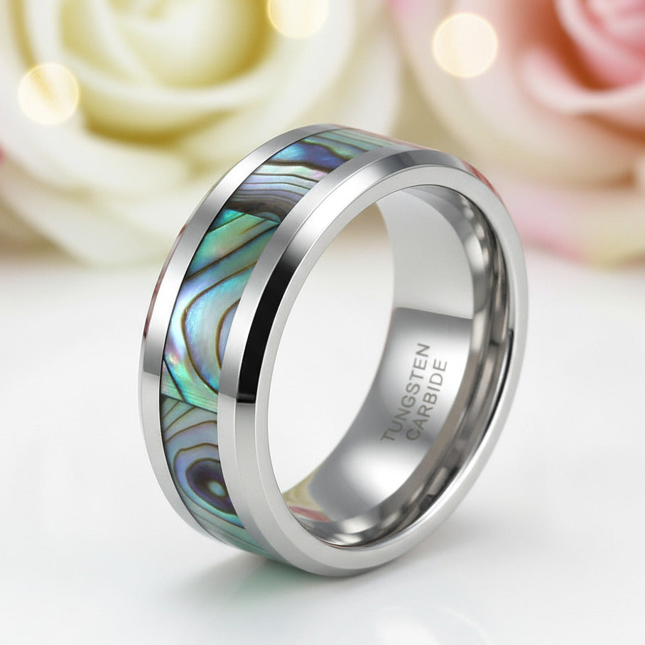 Comfort Fit Top Quality Tungsten Carbide with Abalone Inlay Men's Ring-Black Diamonds New York