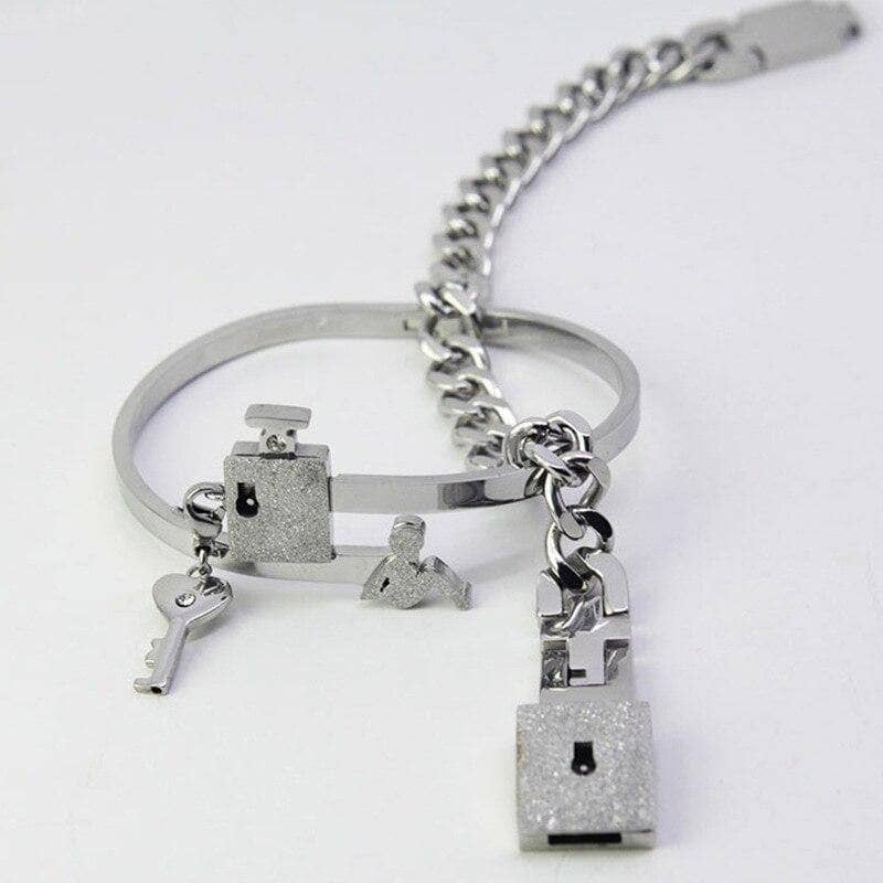 Stainless Steel Lock and Key Necklace and Bracelet for Couple's from Black Diamonds New York White Gold