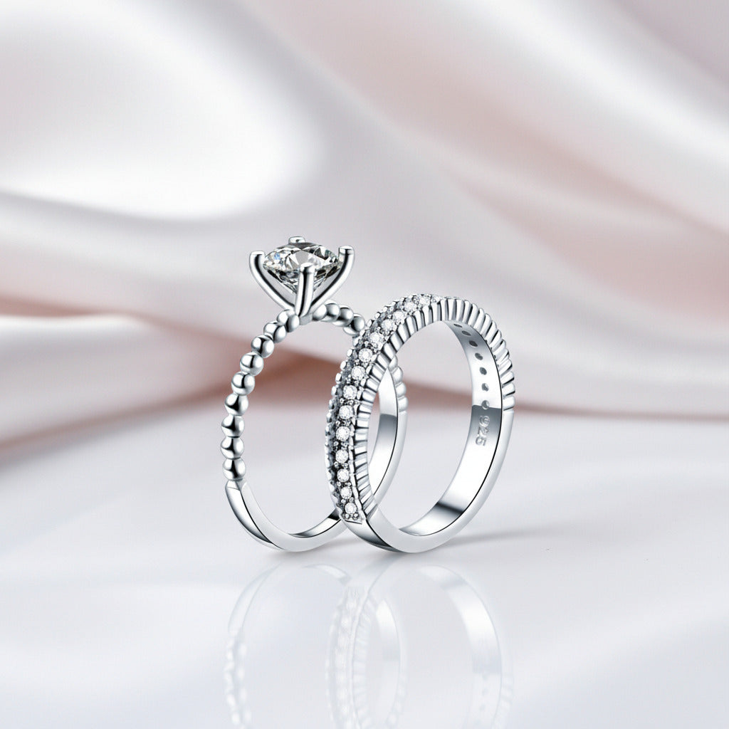 2-Pcs 1.0 Ct Round-Cut Diamond Option Engagement Ring Set with Half-Eternity Band-Black Diamonds New York