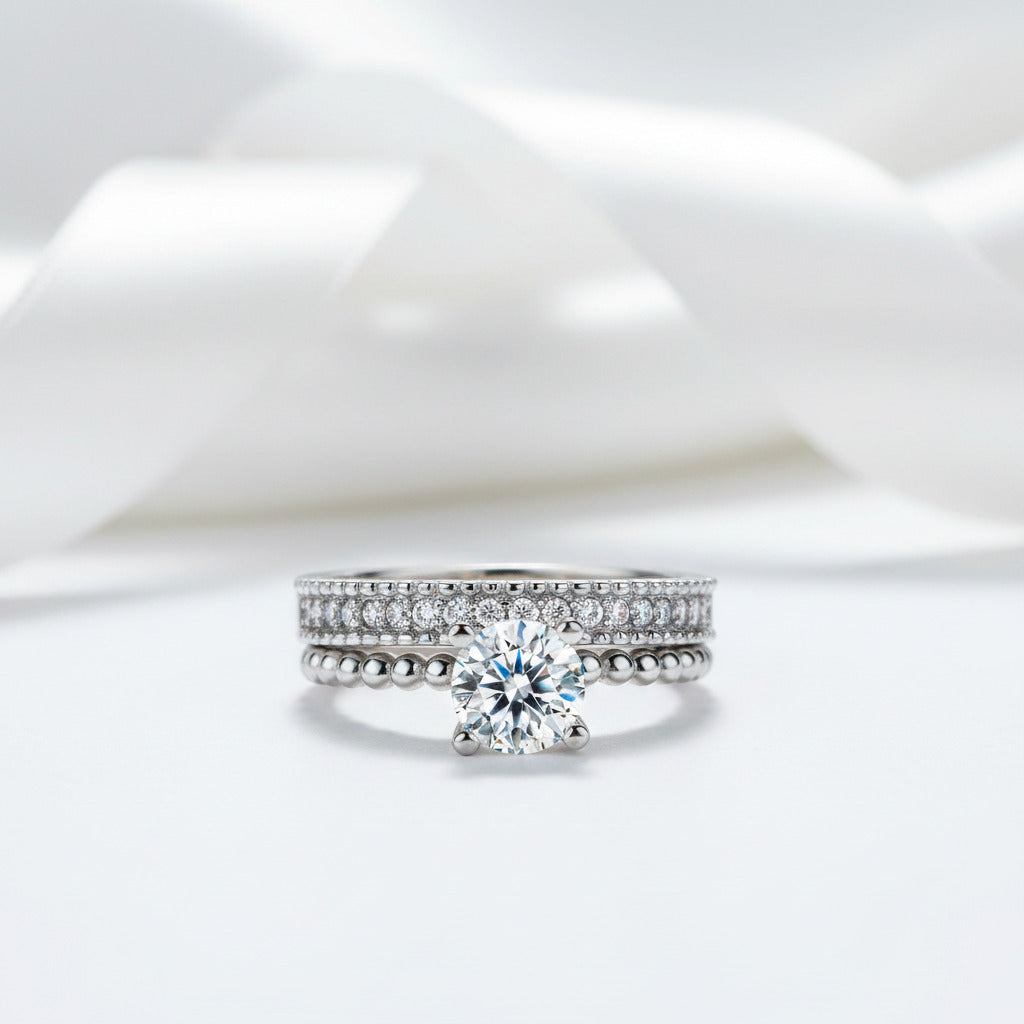2-Pcs 1.0 Ct Round-Cut Diamond Option Engagement Ring Set with Half-Eternity Band-Black Diamonds New York