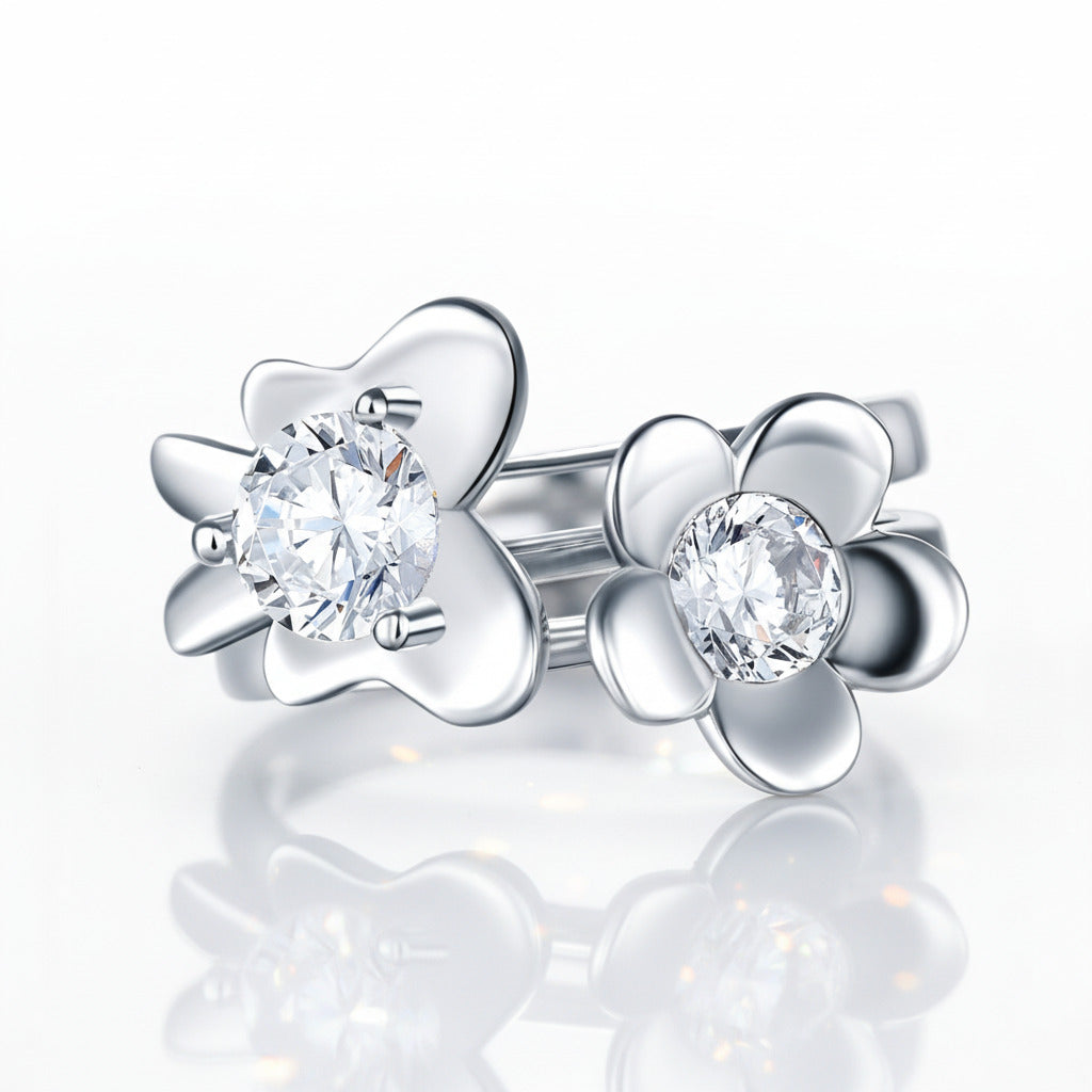 Round Diamond Option 2-Pcs Butterfly Flower Ring Set-Black Diamonds New York