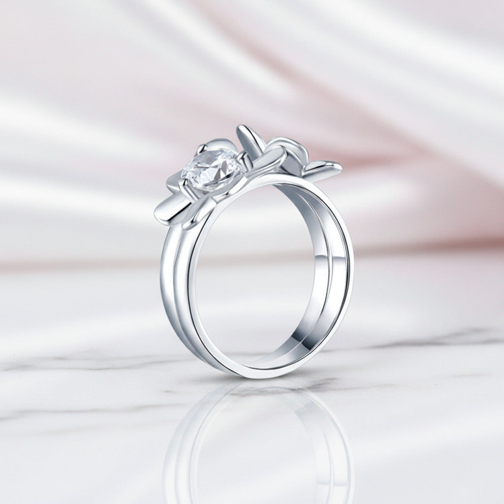 Round Diamond Option 2-Pcs Butterfly Flower Ring Set-Black Diamonds New York