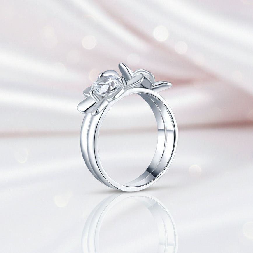 Round Diamond Option 2-Pcs Butterfly Flower Ring Set-Black Diamonds New York
