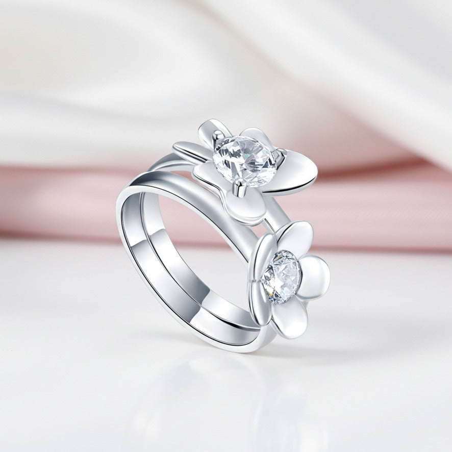 Round Diamond Option 2-Pcs Butterfly Flower Ring Set-Black Diamonds New York