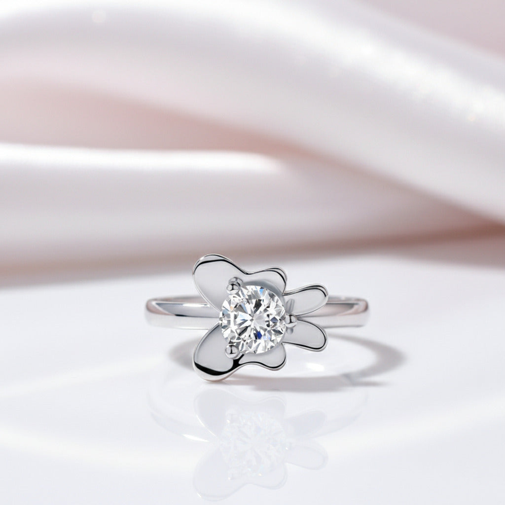 Round Diamond Option 2-Pcs Butterfly Flower Ring Set-Black Diamonds New York