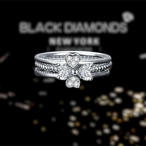 Created Diamond Clover Heart Ring 3-Pcs Set - Black Diamonds New York