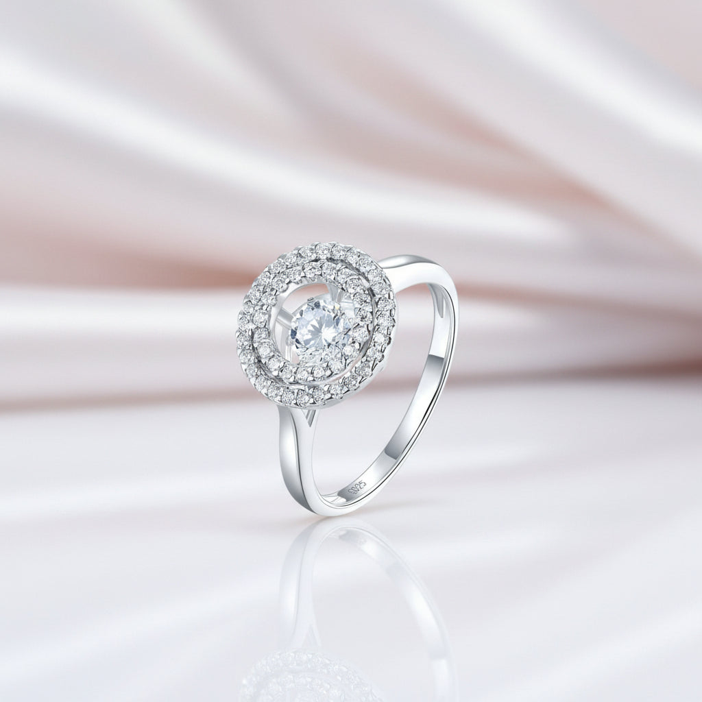 Round Diamond Dancing Stone Double Halo Ring-Black Diamonds New York