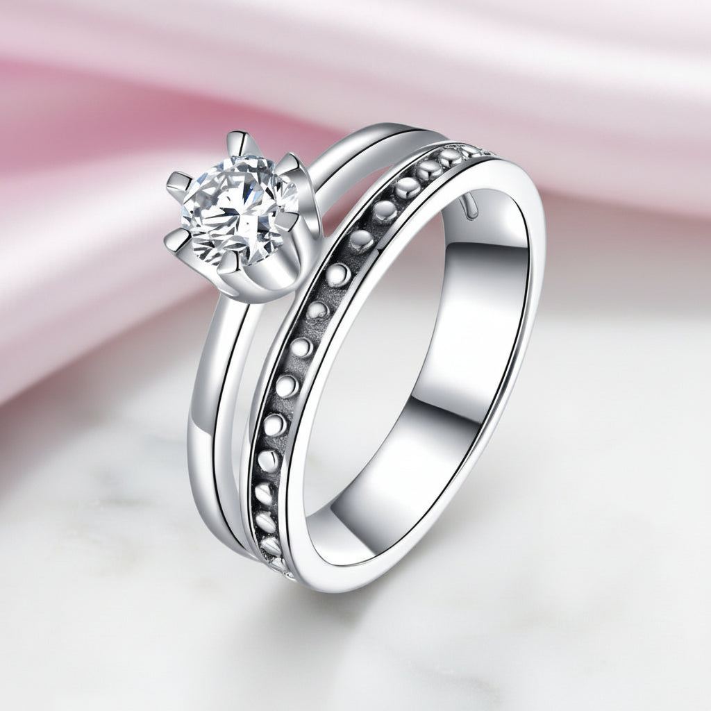 Solitaire Diamond Option Engagement Ring with Beaded Band Set-Black Diamonds New York