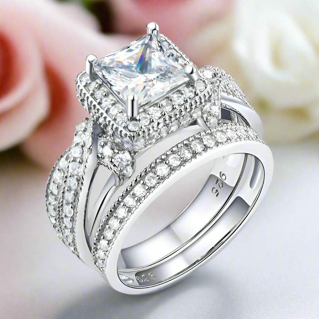 Vintage Style Princess Cut Diamond Engagement Ring Set-Black Diamonds New York