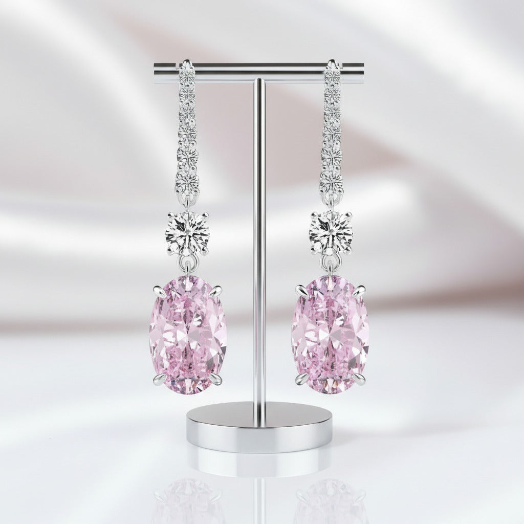 Created Pink Sapphire Oval Cut Women's Drop Earrings-Black Diamonds New York