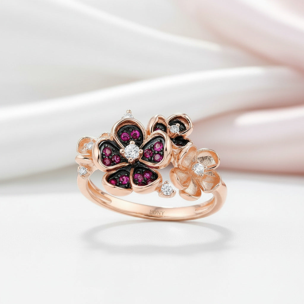 Ruby Diamond Option Rose Flower Jewelry Set-Black Diamonds New York