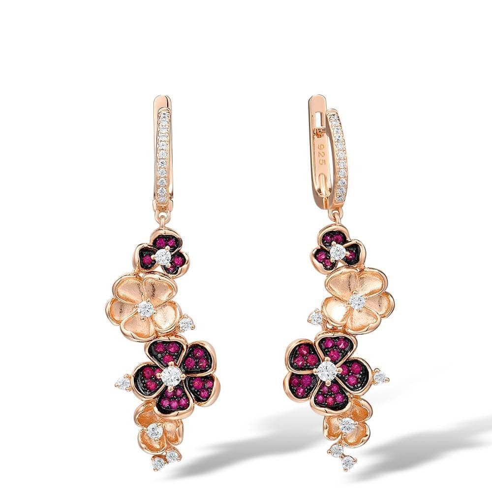 Created Ruby and EVN Stone Rose Flower Jewelry Set-Black Diamonds New York