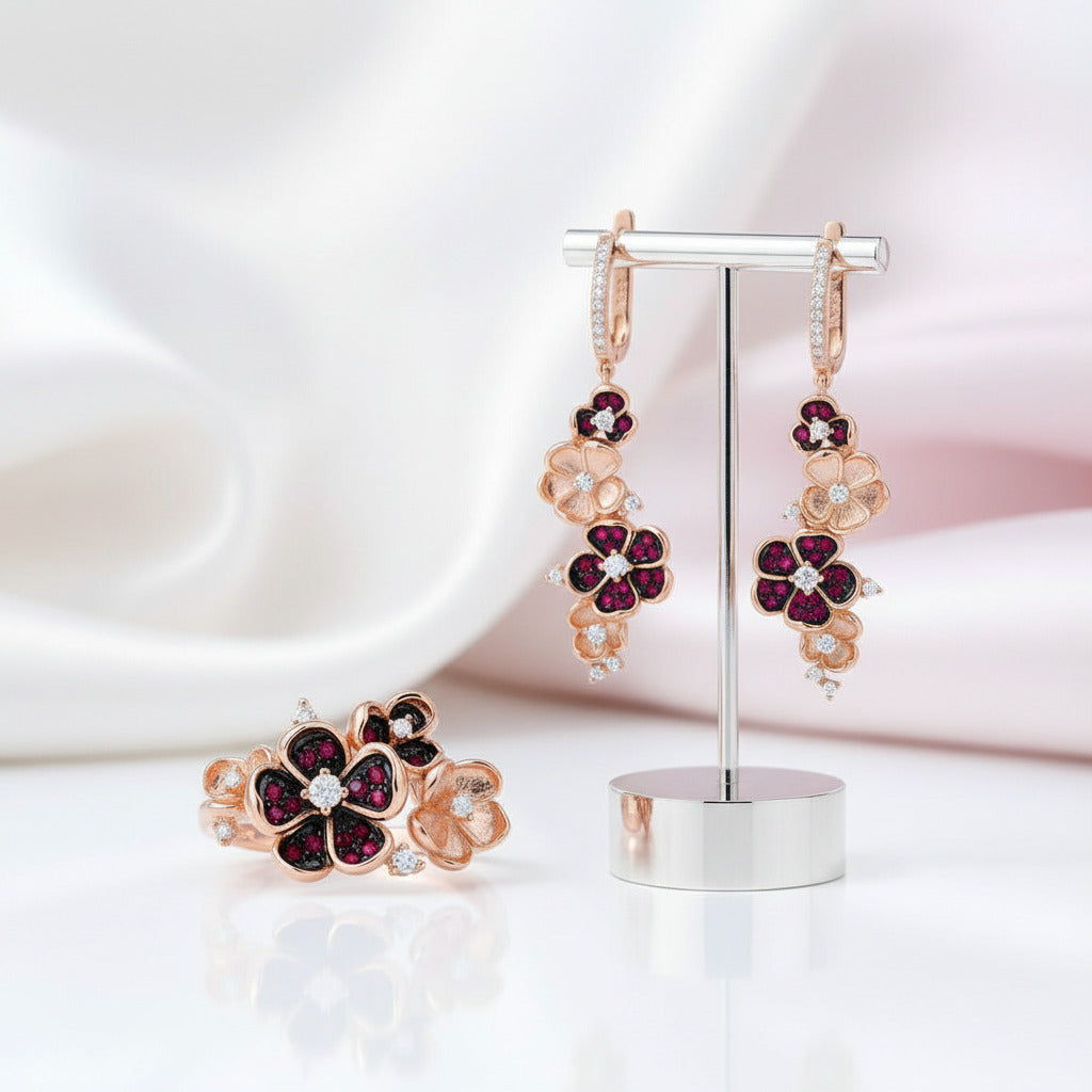 Ruby Diamond Option Rose Flower Jewelry Set-Black Diamonds New York