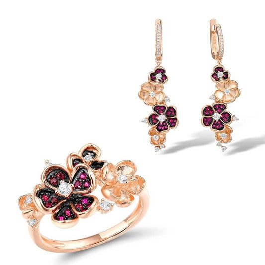 Created Ruby and Created Diamond Rose Flower Jewelry Set-Black Diamonds New York