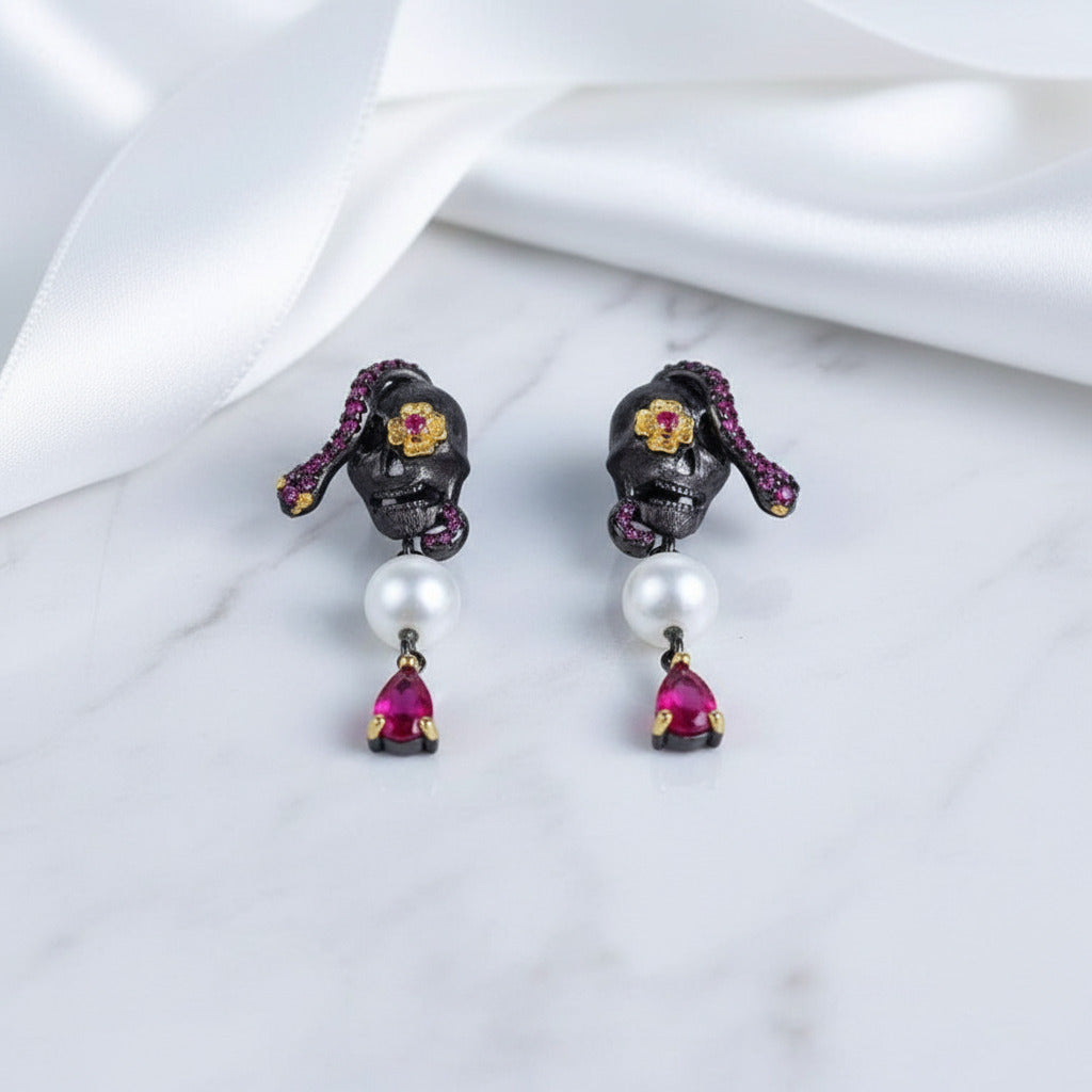 Creative Retro Skull Halloween Piercing Studs Earrings-Black Diamonds New York