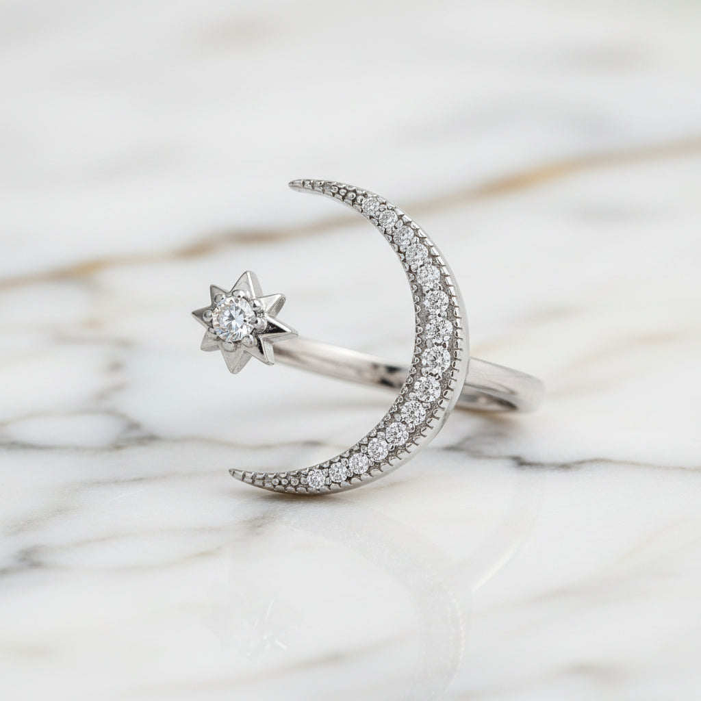 Crescent Moon & Star Adjustable Open Ring-Black Diamonds New York