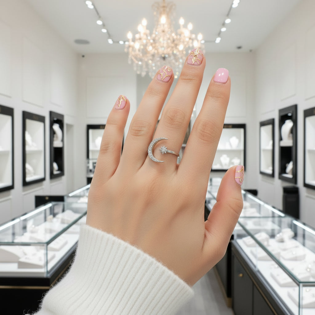 Crescent Moon & Star Adjustable Open Ring-Black Diamonds New York