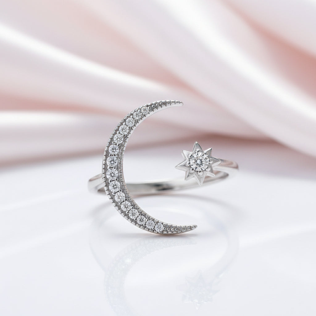 Crescent Moon & Star Adjustable Open Ring-Black Diamonds New York