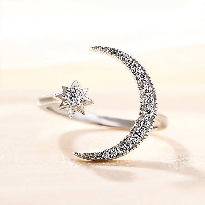 Crescent Moon & Star Adjustable Open Ring-Black Diamonds New York