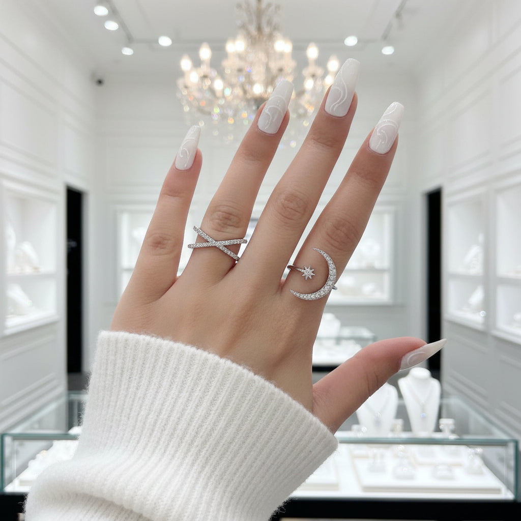Crescent Moon & Star Adjustable Open Ring-Black Diamonds New York