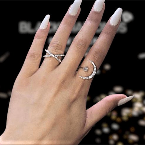 Crescent Moon & Star Adjustable Open Ring-Black Diamonds New York
