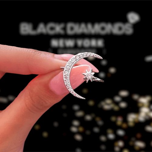Crescent Moon & Star Adjustable Open Ring - Black Diamonds New York