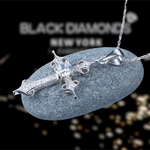 Cross Pendant Necklace Round Cut Created Diamond - Black Diamonds New York