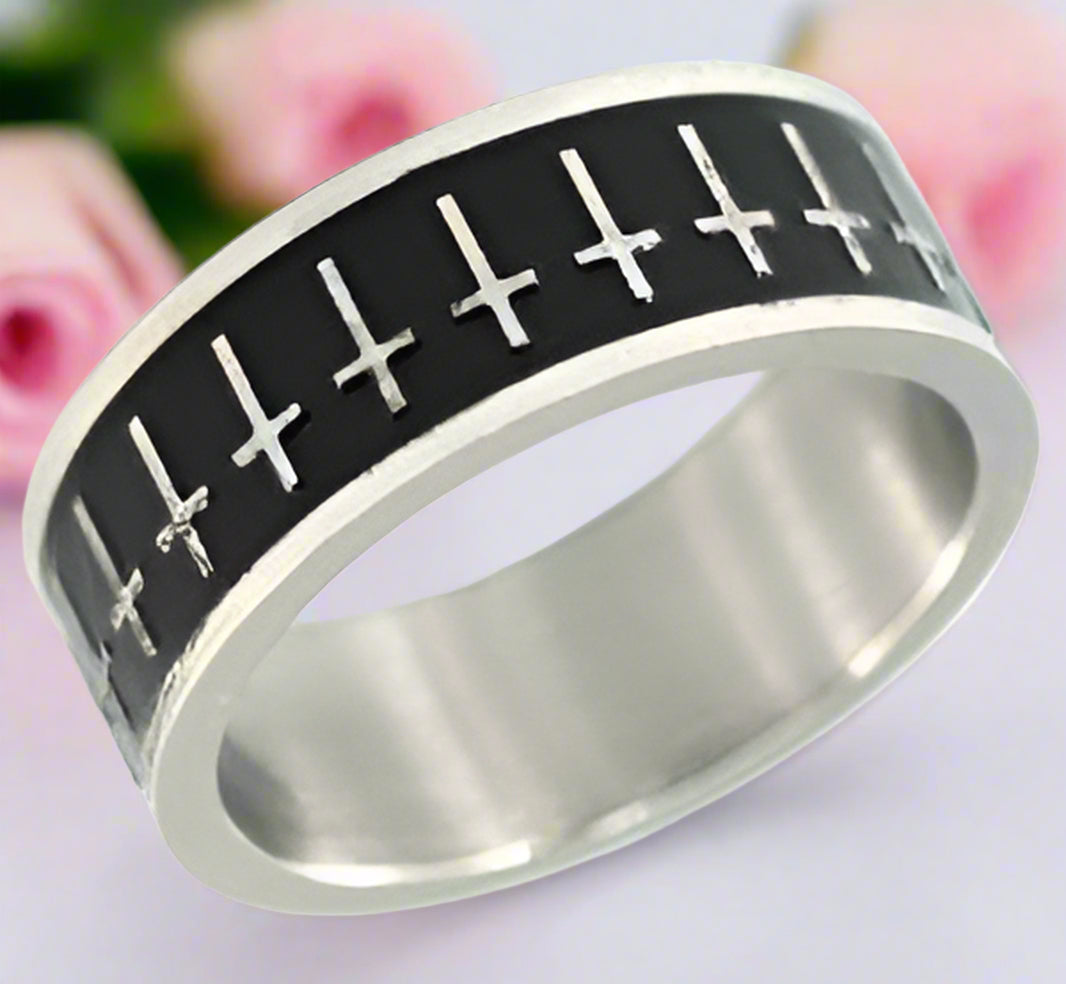 Cross Two Tone Men's Wedding Band-Black Diamonds New York