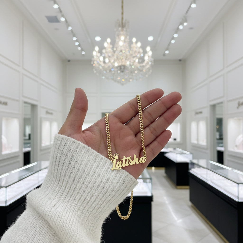 Crown Custom Name Necklace with Cuban Chain-Black Diamonds New York