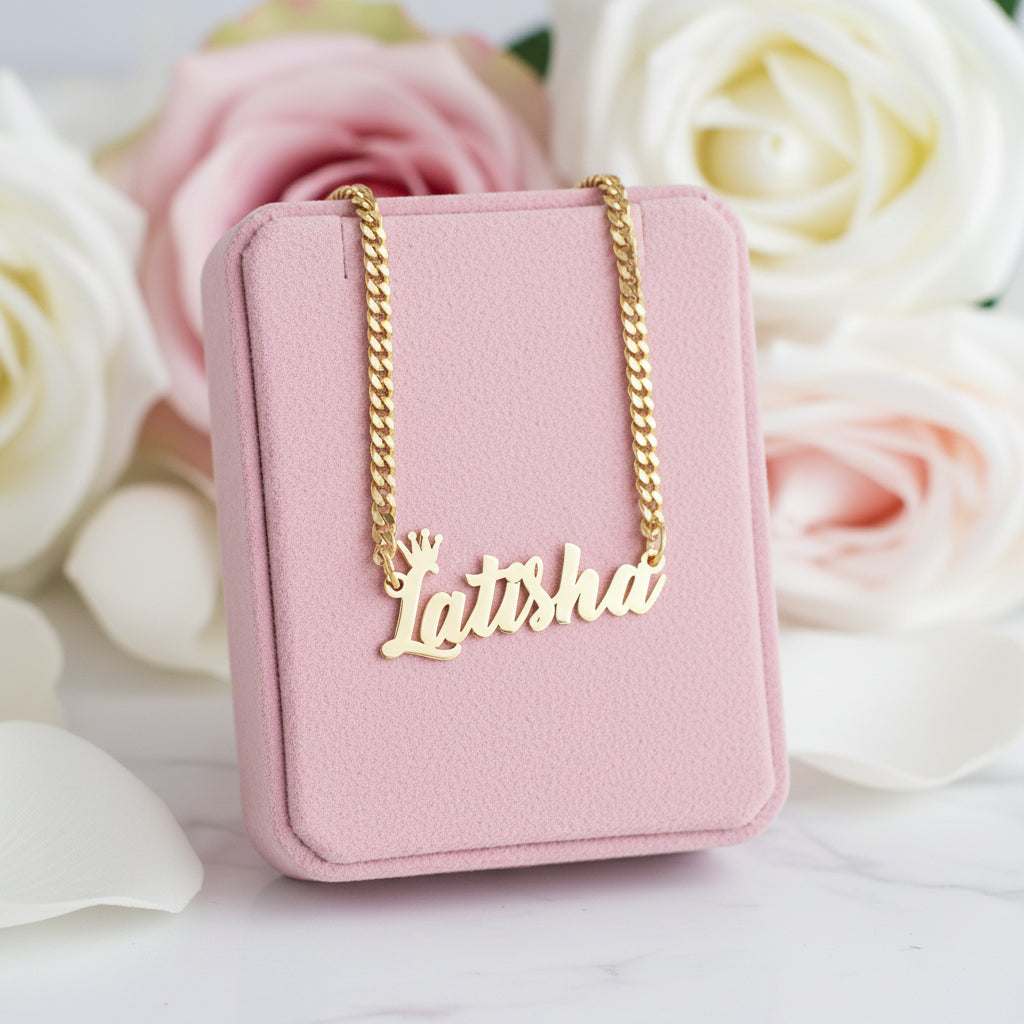 Crown Custom Name Necklace with Cuban Chain-Black Diamonds New York