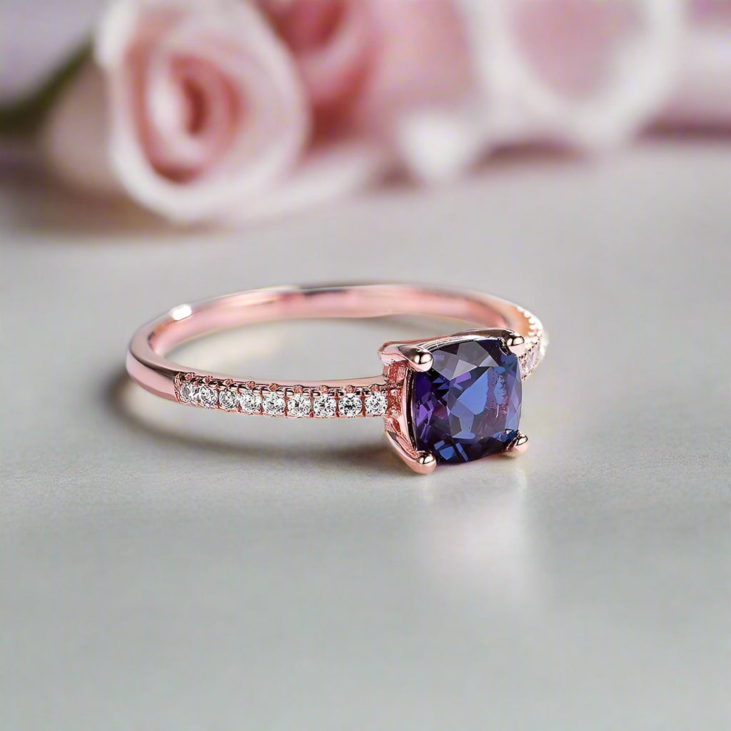 Cushion Cut Alexandrite Gemstone Engagement Ring-Black Diamonds New York