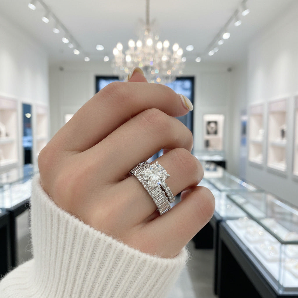Cushion Cut Engagement Ring & Emerald Cut Wedding Ring Set-Black Diamonds New York