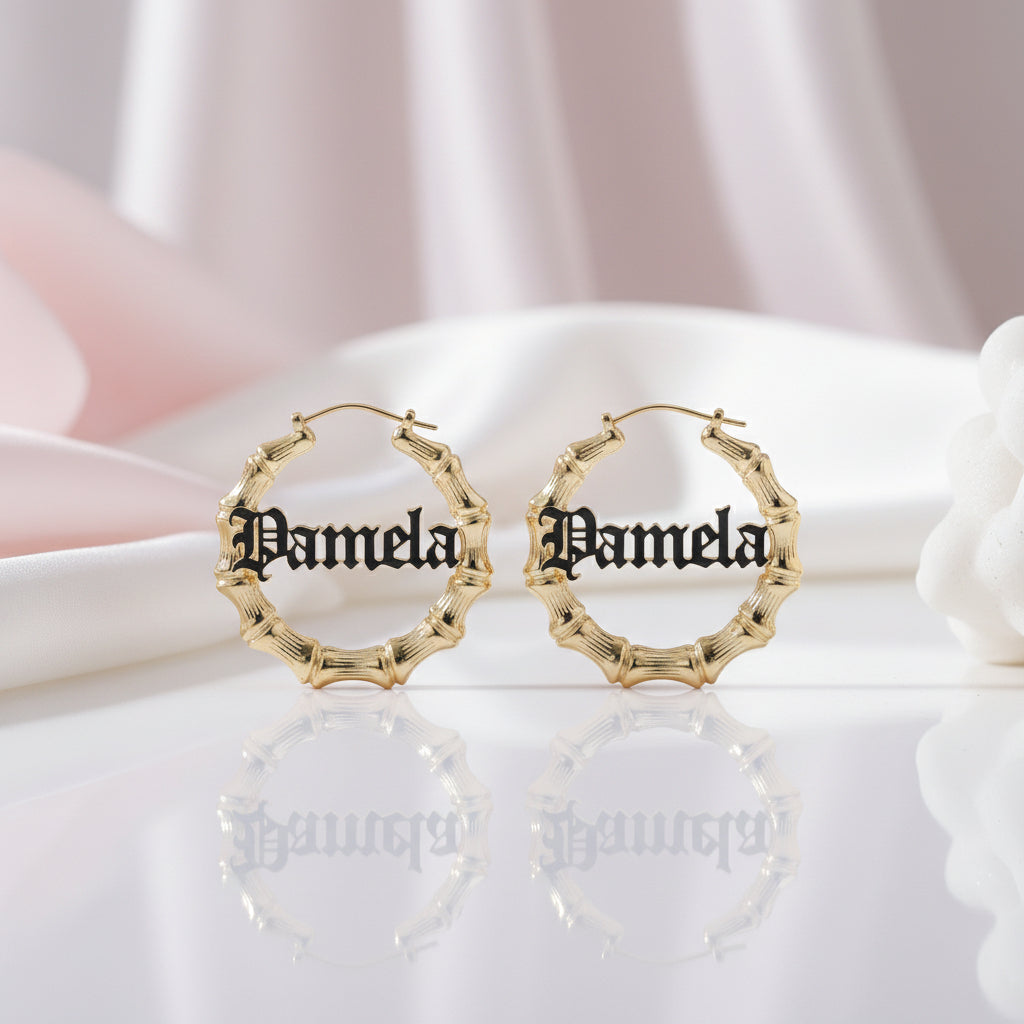 Custom Bamboo Customize Name Hoop Earrings-Black Diamonds New York