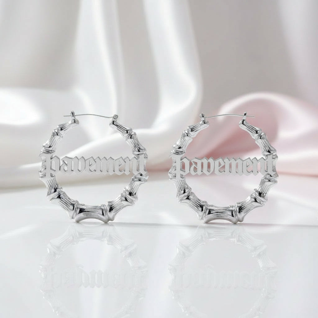 Custom Bamboo Customize Name Hoop Earrings-Black Diamonds New York