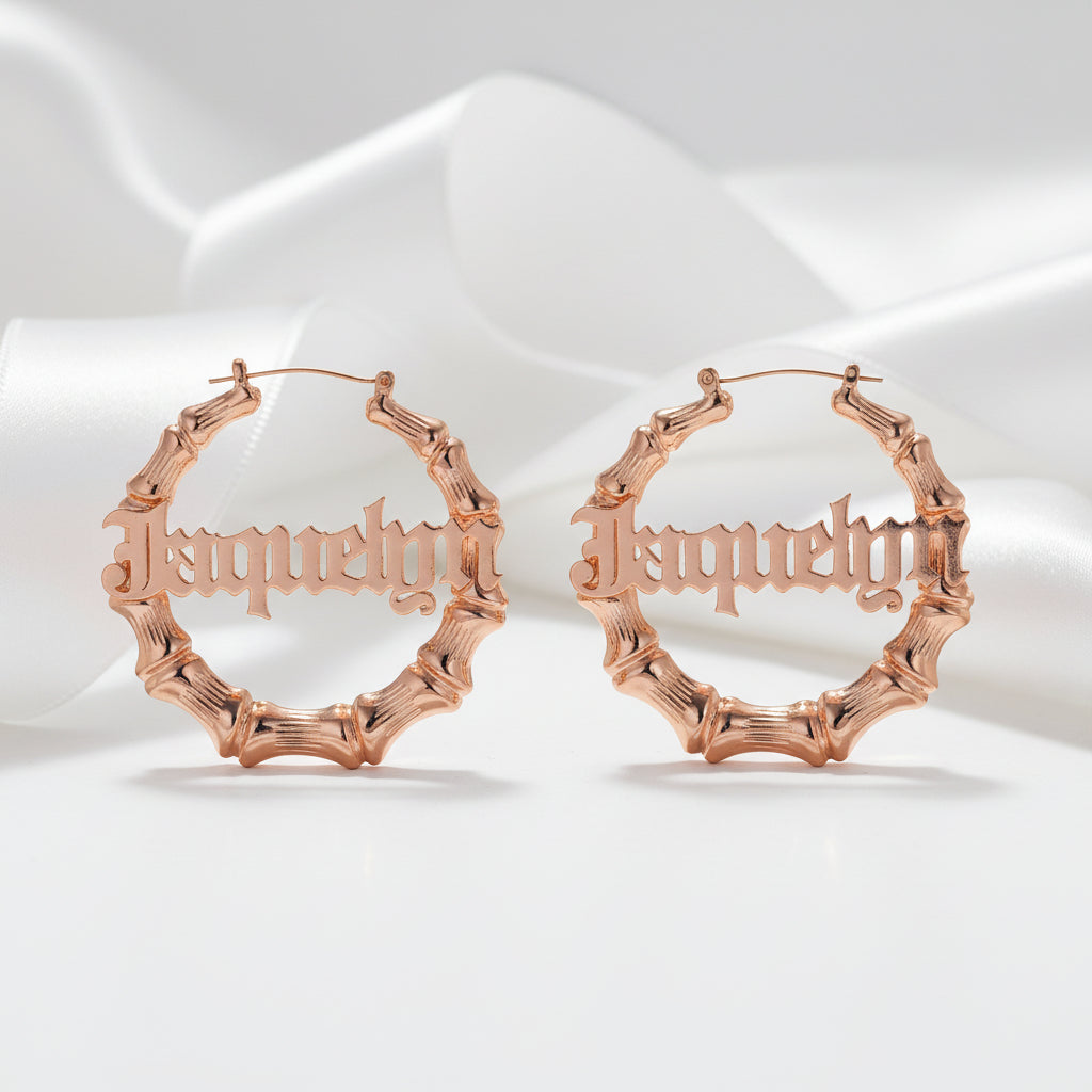 Custom Bamboo Customize Name Hoop Earrings – Black Diamonds New York