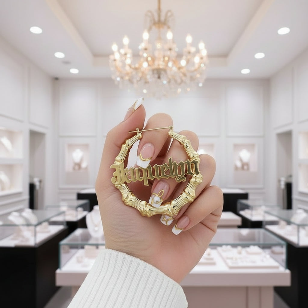 Custom Bamboo Customize Name Hoop Earrings – Black Diamonds New York