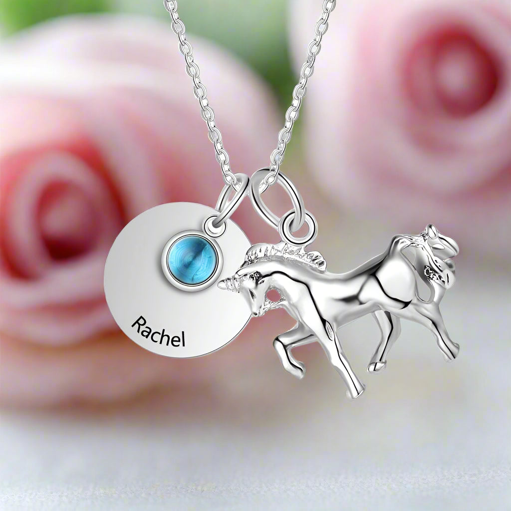 Custom Birthstone Round Horse Name Necklace-Black Diamonds New York