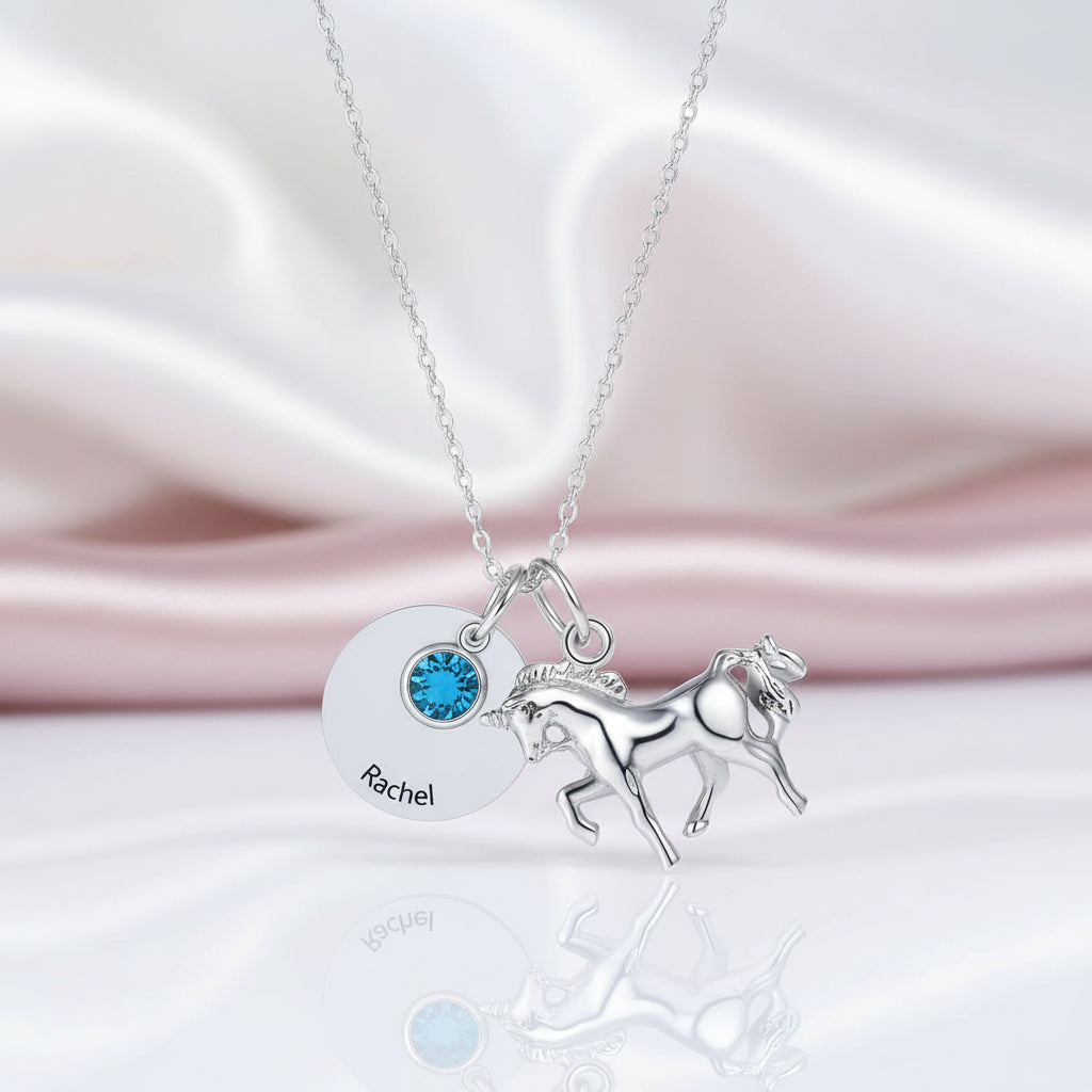 Custom Birthstone Round Horse Name Necklace-Black Diamonds New York