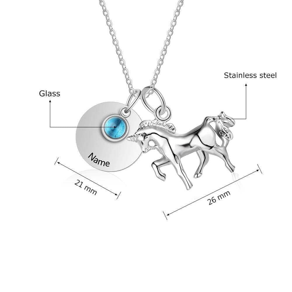 Custom Birthstone Round Horse Name Necklace - Black Diamonds New York