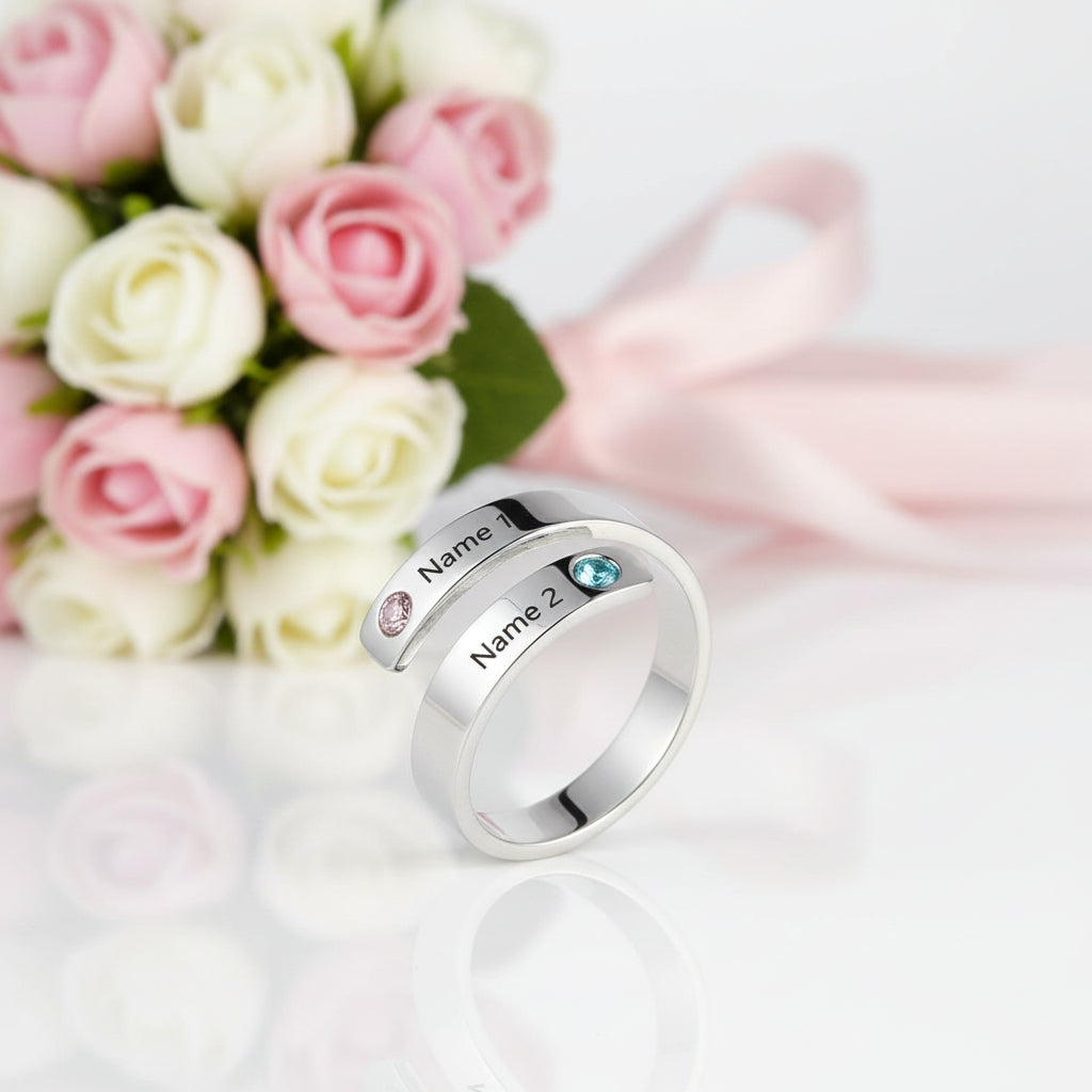 Custom Engraved Adjustable Name Ring with Birthstones-Black Diamonds New York