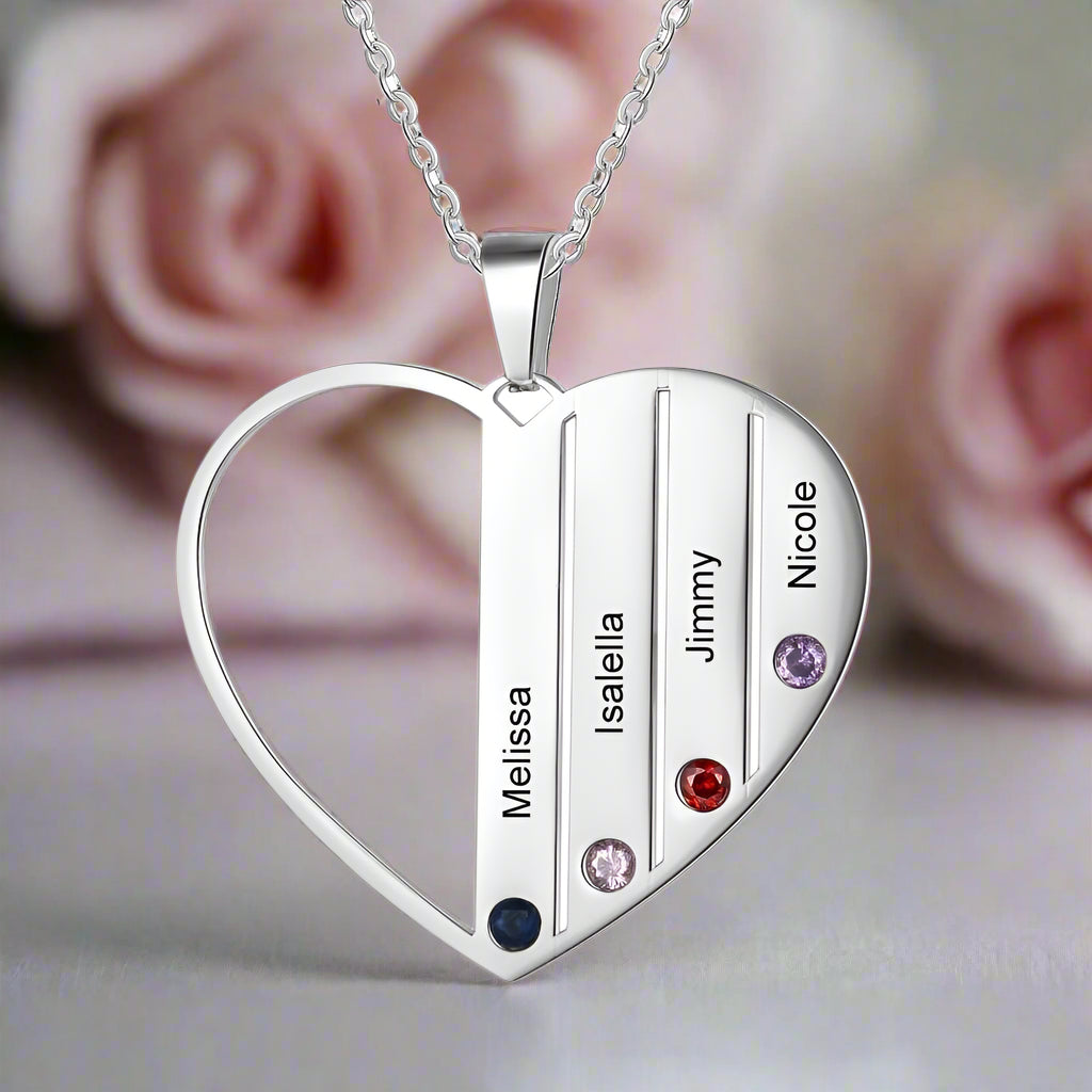 Custom Engraved Family Heart Necklace with Birthstones-Black Diamonds New York