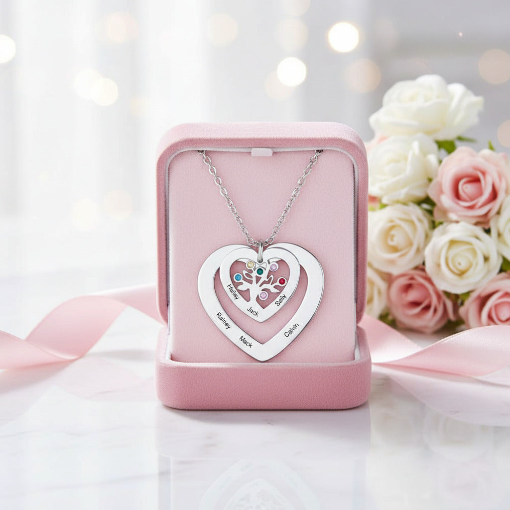 Custom Engraved Name Tree of Life Necklace with 6 Birthstones-Black Diamonds New York