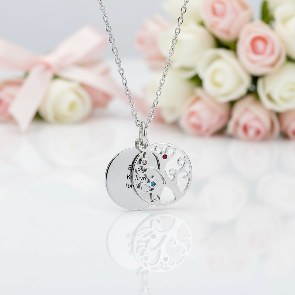 Custom Family Tree Pendant Necklace with Birthstones-Black Diamonds New York