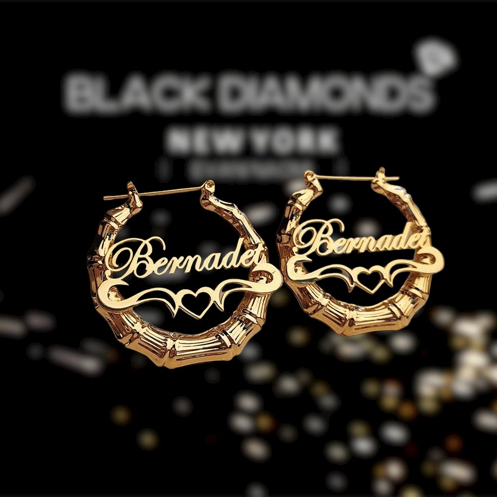 Custom Name 40mm-100mm Bamboo Earringsc - Black Diamonds New York
